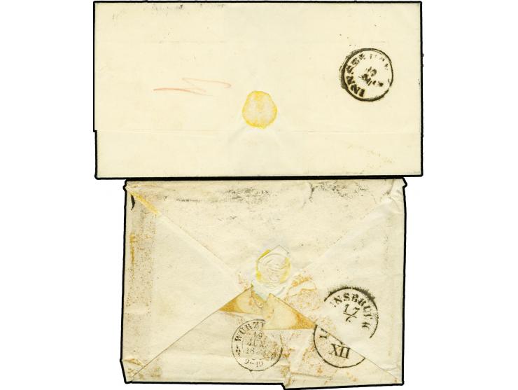 1852, 5 Baj. auf rosa (unten links etwas angeschnitten) und 8 Baj. schwarz mit Rautenstempel auf Briefhülle von "ROMA 17 LUG.