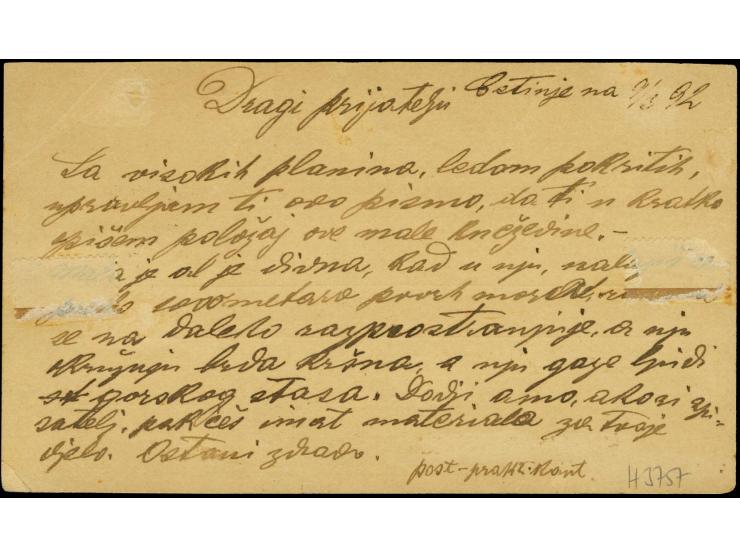 1890/93, 3 Nkr. grün als Zufrankatur auf Ganzsachenkarte 2 Nkr. bedarfsgebraucht 1892 von Cetinje nach München
