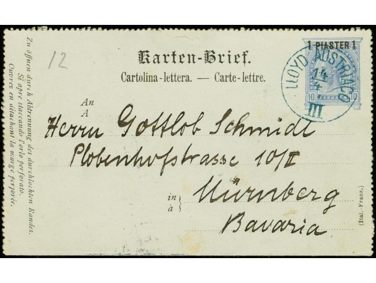 1890, Kartenbrief 1 Pia. auf 10 Kr. mit blauem EKr. "LLOYD AUSTRIACO III 14/4" mit Bedarfstext eines Besatzungsmitglieds der 