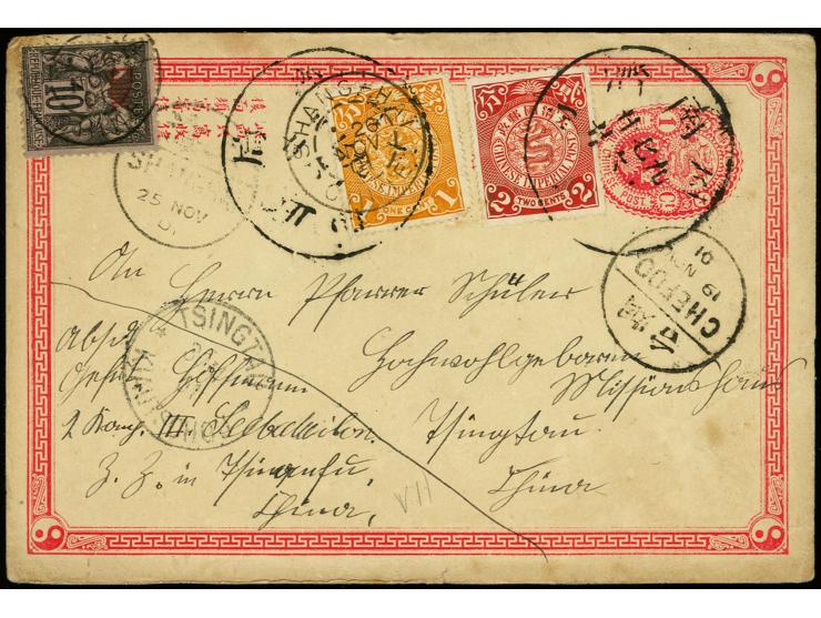 1901, Coiling Dragon 1 c. and 2 c. tied by large chinese dater "TSINANFU" to postal stationery card via Chefoo and Shanghai w