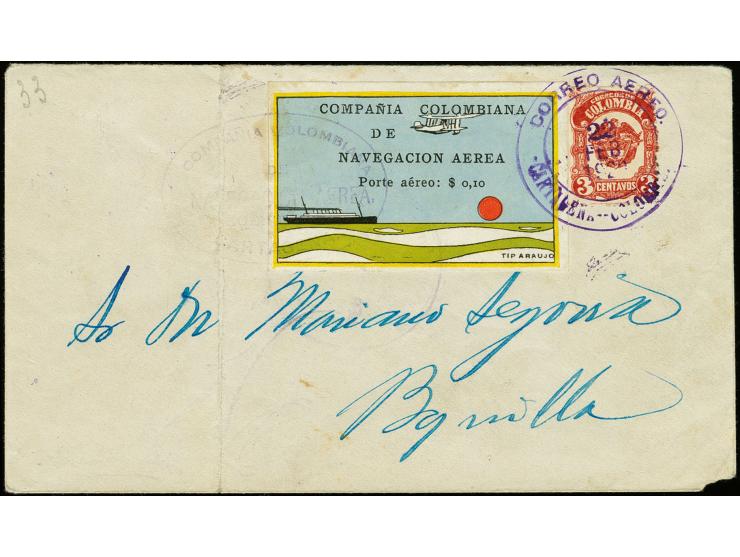 10 c. multicoloured imperforate vignette "Ocean Liner" with additional franking 3c. red tied by "CCNA / Barranquilla" oval ca