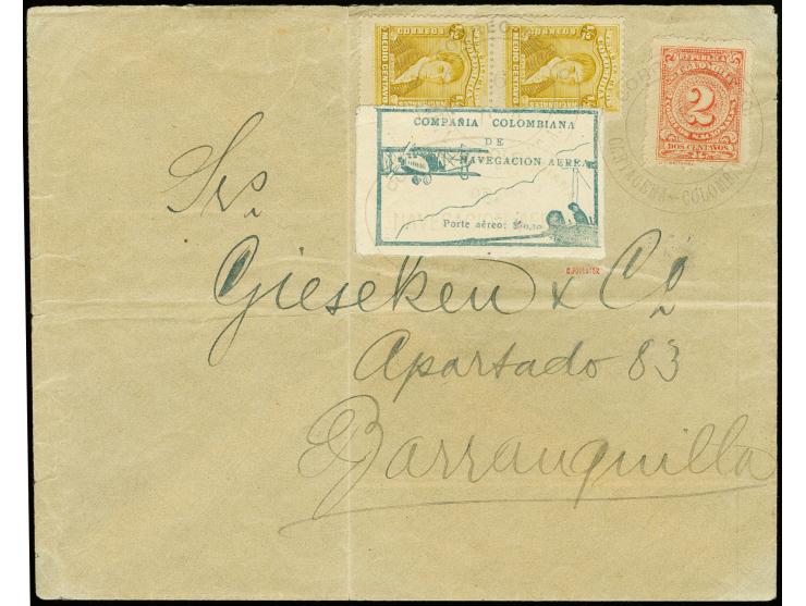 10 c. green tied by "CCNA / Cartagena" oval cachet in violet with additional franking of vertical pair ½c. yellow-ochre and 2