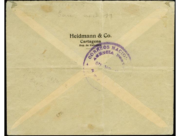 10 c. green tied by "CCNA / Cartagena" oval cachet in violet with additional franking of vertical pair ½c. yellow-ochre and 2