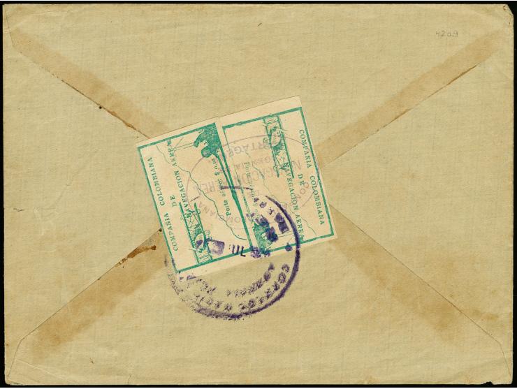 10 c. green, two singles with oval "CCNA / Cartagena" cachet in violet and tied by cds. "CORREO AERO CARTAGENA 21 JUL 1920" o