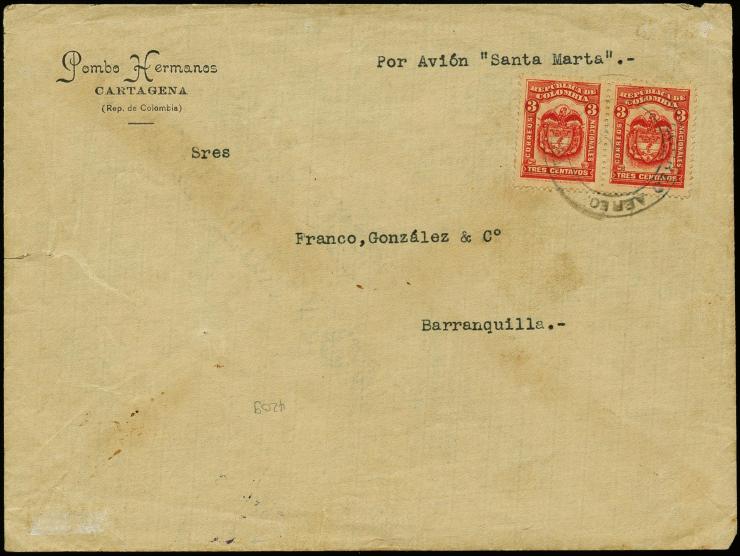 10 c. green, two singles with oval "CCNA / Cartagena" cachet in violet and tied by cds. "CORREO AERO CARTAGENA 21 JUL 1920" o