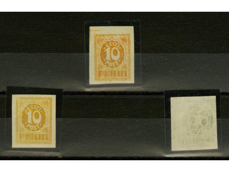 1919, Numeral Design 10 p., three colour proofs in dark yellow, dark yellow with green setoff on reverse (possibly from green
