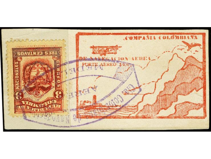 Cliffs and Lighthouse 10c. brick-red in combination with Colombia 3c. red tied by oval "Cia. Colombiana da Nevegacion Aerea M