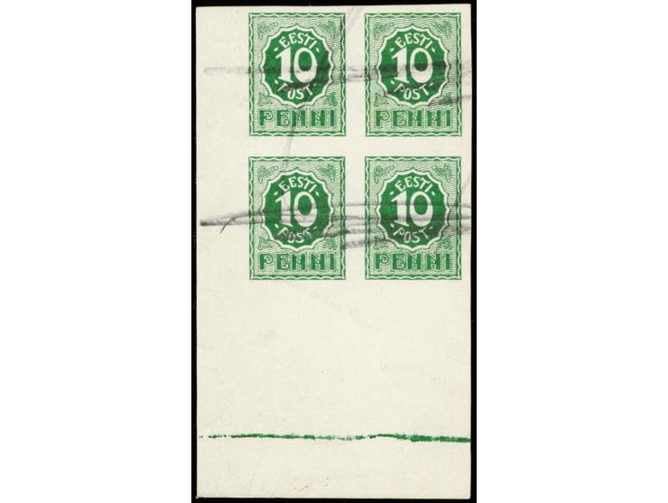 1919, Numeral Design 10 p. green, block of four from the lower left sheet corner on carton paper showing line of edge of the 