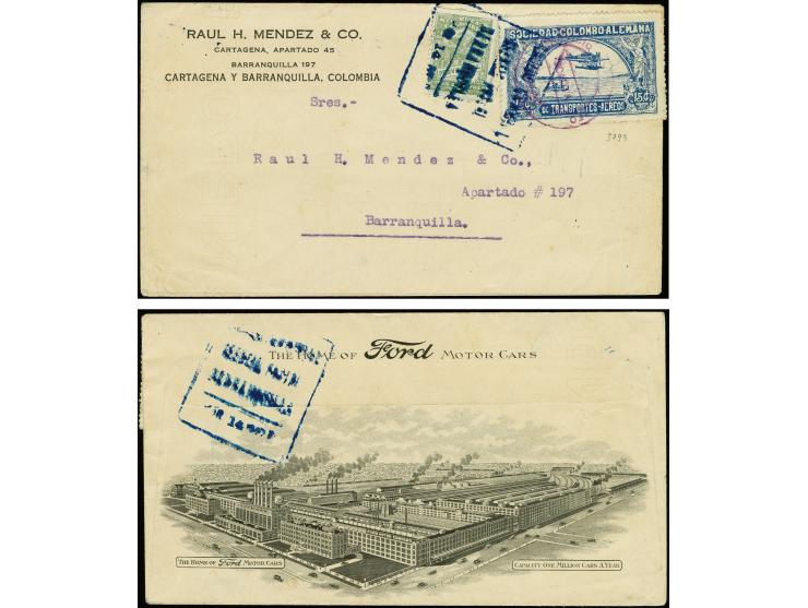 1920, First Issue, Landscape and Airplane 15c. blue in combination with 1920 Colombia 3c. green and tied by circular "SERVICI