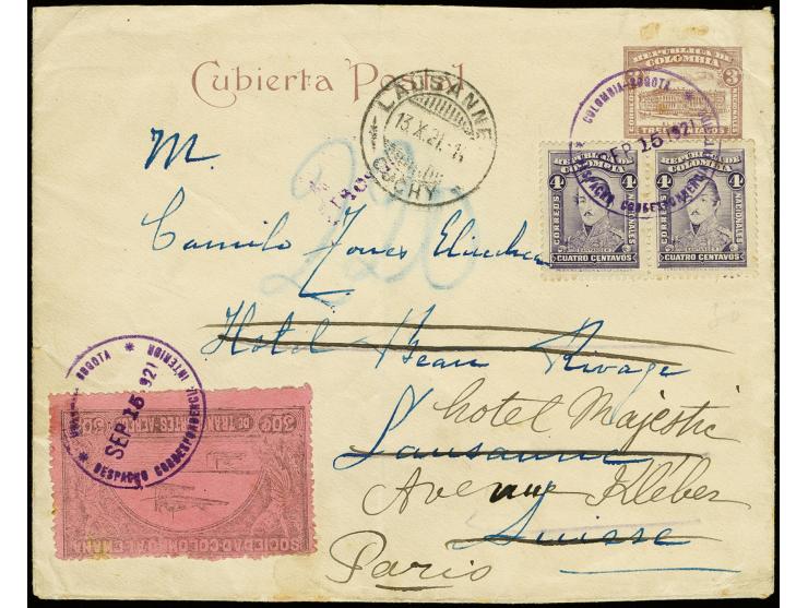 30c. black on rose tied by violet cds. "BOGOTA SEP 15 1921" to Colombia postal stationery 3c. with additional 4c. as horizont