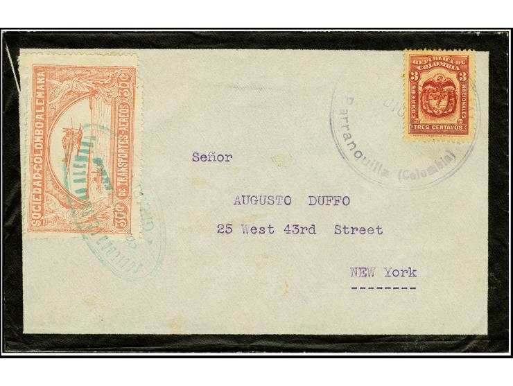 30 c. flesh-pink tied by oval green cachet with additional franking Colombia 3c. red to mourning cover to New York, fine