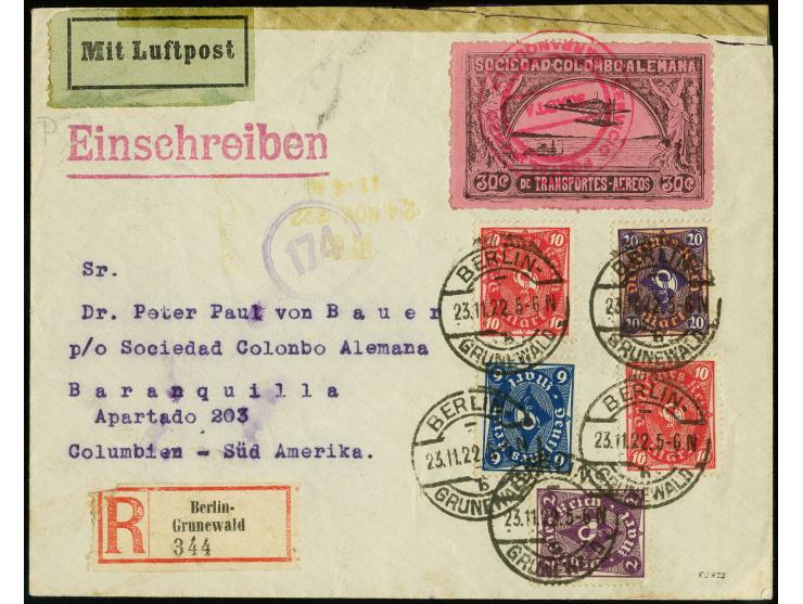 30 c. black on rose applied in transit and tied by red cachet  "SERVICIO POSTAL AEREO SCADTA BARRANQUILLA" to registered cove