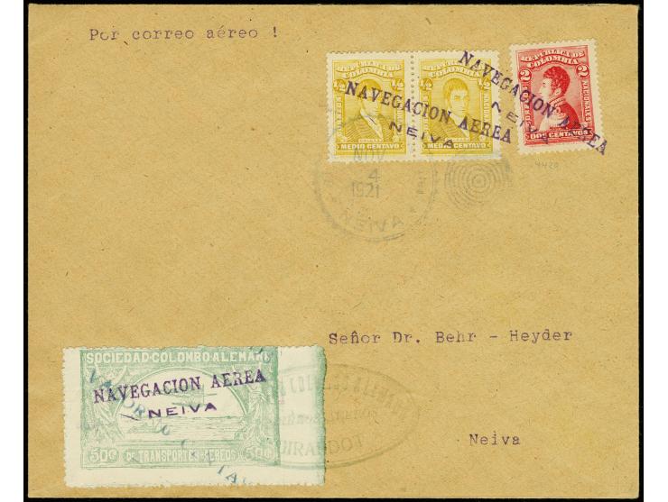 1921, Second Issue Landscape and Airplane surcharged "VALOR 10 CENTAVOS", 50 c. green with surcharge in type I tied by oval "