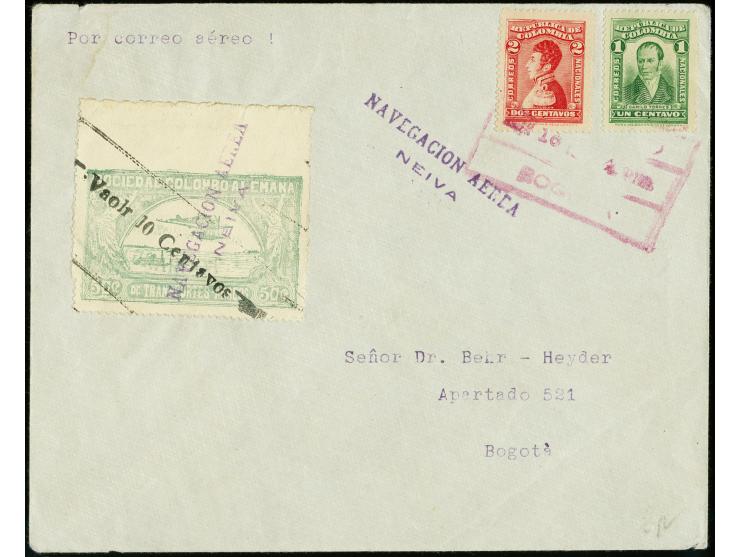 50 c. green with surcharge in type III and overprint error "VAOLR instead of VALOR" used in Combination with Colombia 1917 1c