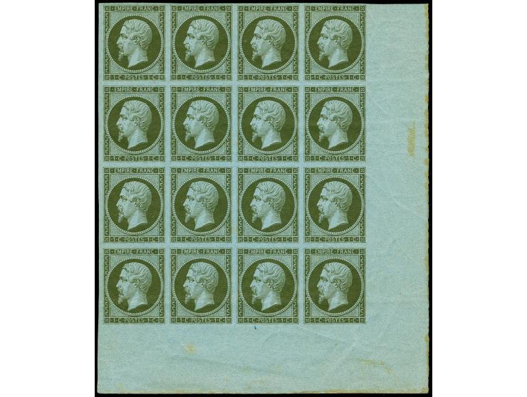 1 c. green on blued as block of 16 from the lower right sheet corner, mint never hinged, one stamp small adherence, horizonta