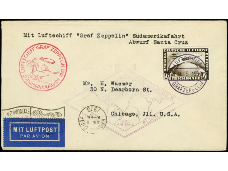 South America Flight, Praia Drop Mail, on-board cancellation 19.5. on cover with Zeppelin 4 m. and arrival mark "PRAIA CABO V