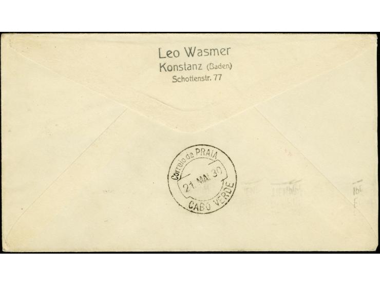 South America Flight, Praia Drop Mail, on-board cancellation 19.5. on cover with Zeppelin 4 m. and arrival mark "PRAIA CABO V