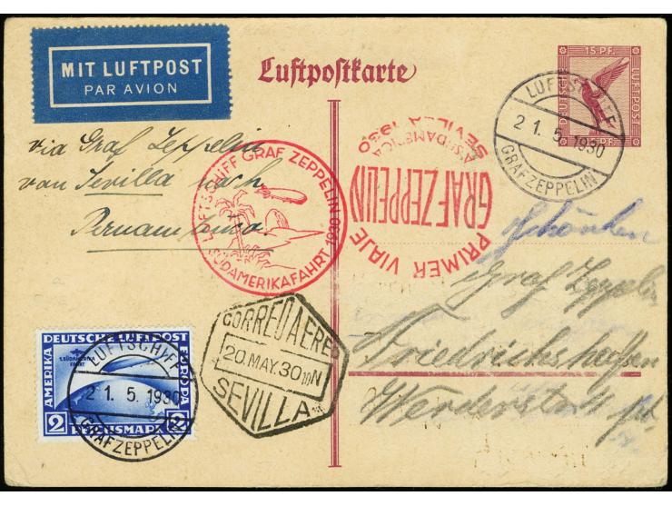 1930, South America Flight, Praia Drop Mail, postal stationery card with additional franking Zeppelin 2 m. with on-board canc