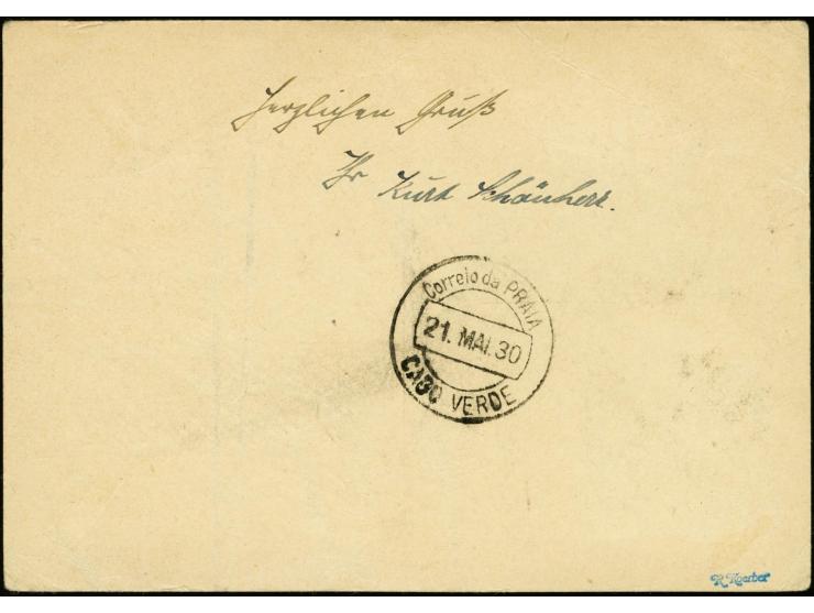 1930, South America Flight, Praia Drop Mail, postal stationery card with additional franking Zeppelin 2 m. with on-board canc