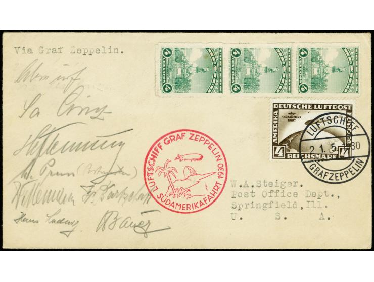 South America Flight, Praia Drop Mail, on-board cancellation 21.5. on cover with Zeppelin 4 m. and additional franking Mexico