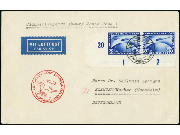 South America Flight, Friedrichshafen Dispatch to Praia, horizontal pair Zeppelin 2 m. from the left bottom sheet corner, tie