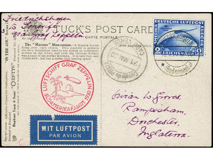 1930, South America Flight, Friedrichshafen - Praia, picture card with Zeppelin 2 m. cancelled "FRIEDRICHSHAFEN 18.5." and ar