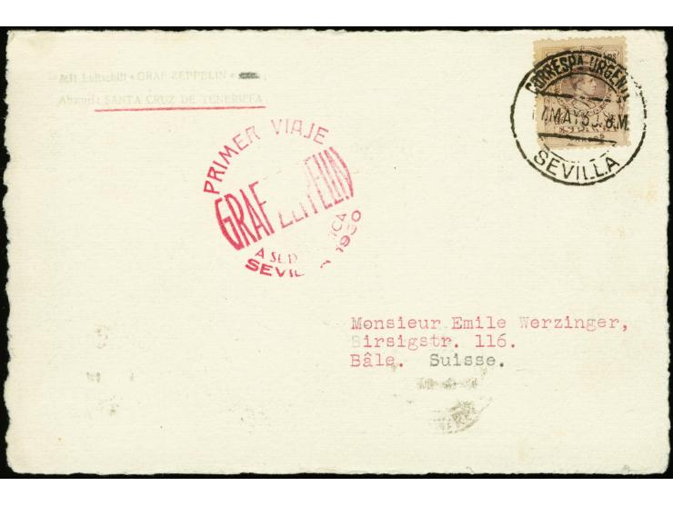 South America Flight, Spain post with Spanish special cachet, Praia Drop Mail, 4 p. tied by cds. "SEVILLA 17.MAY.30" to card 