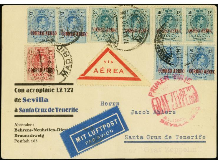 South America Flight, Spain post with Spanish special cachet, Praia Drop Mail, Airmail 1 p., 50 c. (4) and 25 c. (4), tied by