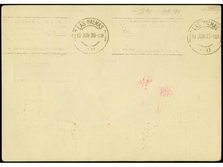 South America Flight, Spain post with Spanish special cachet, Praia Drop Mail, Airmail 1 p., 50 c. (4) and 25 c. (4), tied by