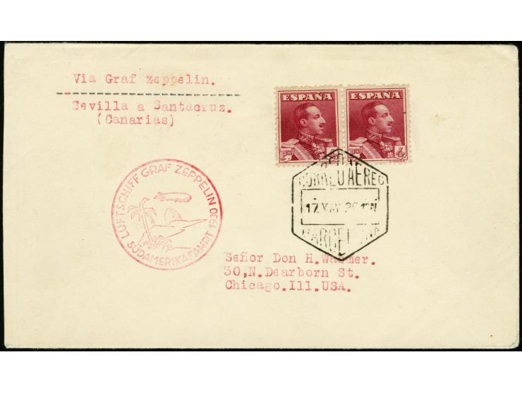 South America Flight, Spain post with German special cachet, Praia Drop Mail, horizontal pair 4 p. tied by cds. "SEVILLA 17.M
