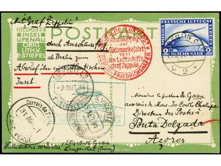 1931, First South America Flight, Berlin Dispatch to Cap Verde, card with Zeppelin 2 m., addressed to Ponta Delgada, Azores w