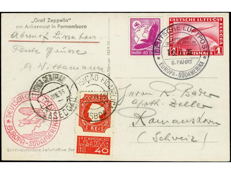 1935, 5th South America Flight, Lisbon Drop Mail, Zeppelin 1 m. and airmail 40 pfg. tied by one-board cancellation of 10.6. t