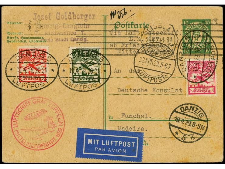 DANZIG: 1929, Mediteranean Flight, postal stationery card with additinal franking airmail 1 g., 20 pfg. and 10 pfg. used from