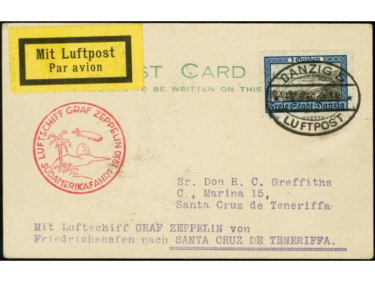 1930, South America Flight to Praia, postage stamp 3 g. tied by flight cancel "DANZIG 5 LUFTPOST 6.5.30" to card to Santa Cru