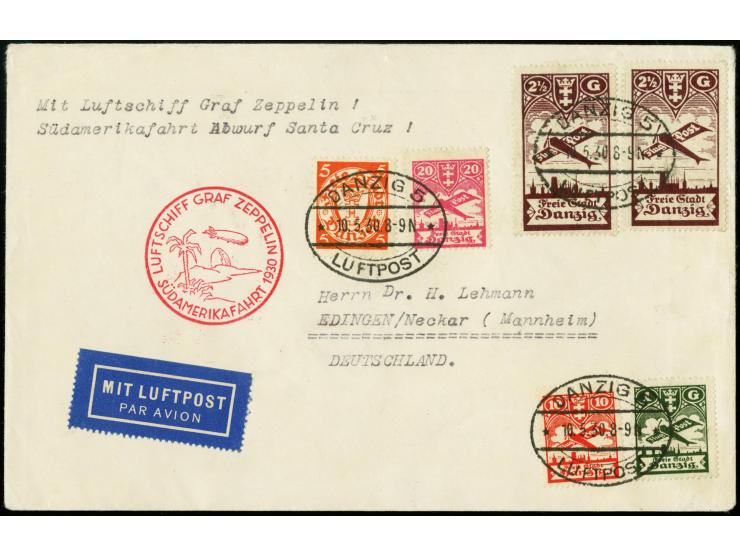1930, South America Flight to Praia, airmail 2 1/2 g. (2), 1 g., 20 pfg. and 10 pfg. and definitive 5 pfg., tied by flight ca