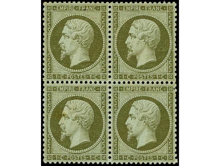 1862/72, Napoléon perforated 1 c. olive, block of 4, nice fresh colour and well centered, unmoutned mint, very fine (Yvert 19