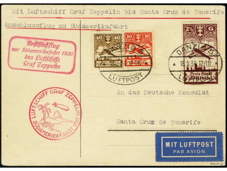 1930, South America Flight, Berlin Dispatch to Praia, airmail 2 1/2 g., 40 pfg. and 10 pfg. tied by flight cancel "DANZIG 5 L