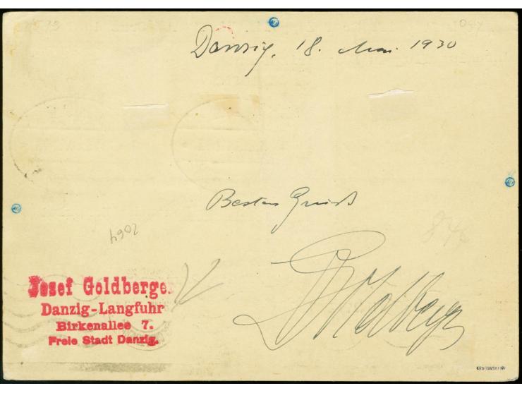 1930, South America Flight, Berlin Dispatch to Praia, airmail 2 1/2 g., 40 pfg. and 10 pfg. tied by flight cancel "DANZIG 5 L