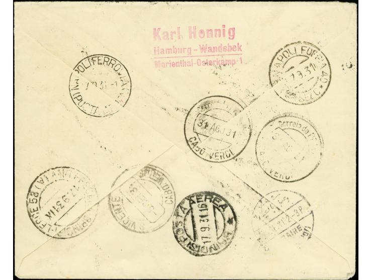 1931, First South America Flight, Berlin Dispatch to Cap Verde, cover with hight franking via Naples with Italian Airmail to 