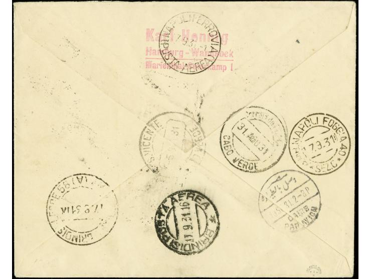 1931, First South America Flight to Cap Verde, cover with high franking via Naples with Italian Airmail to Cairo with arrival