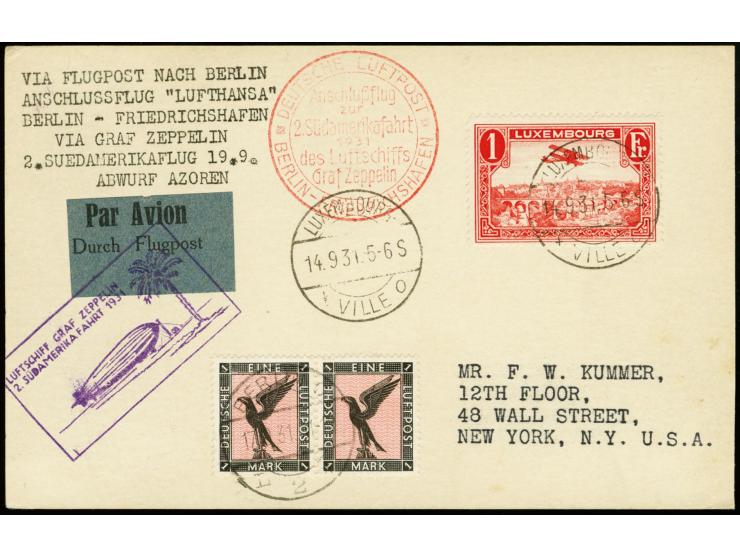 1931, 2nd South America Flight, Berlin Dispatch to Cap Verde, Airmail 1 fr. tied by cds. "LUXEMBOURG 14.9." to card with hori