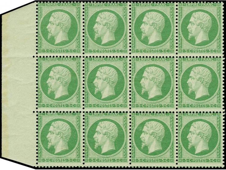 1862, Napoléon perforated 5 c. green, horizontal block of 12 with sheet margin at left, unmounted mint in very fresh conditio