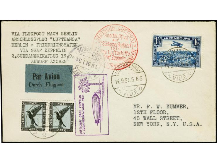 1931, 2nd South America Flight, Berlin Dispatch to Cap Verde, airmail 1 3/4 fr. tied by cds. "LUXEMBOURG 14.9." to cover with