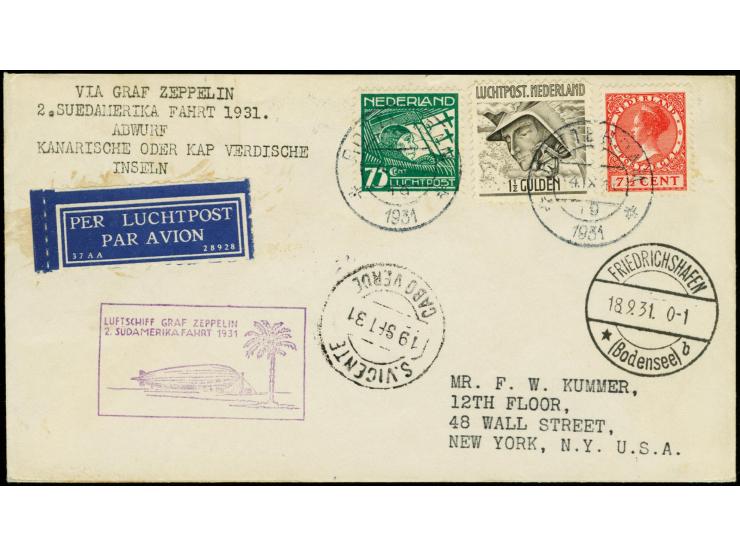 1931, 2nd South America Flight to Cap Verde, airmail  1 1/2 g. and 75 c. and definitive 7 1/2 c. tied by cds. "ROTTERDAM 14.I