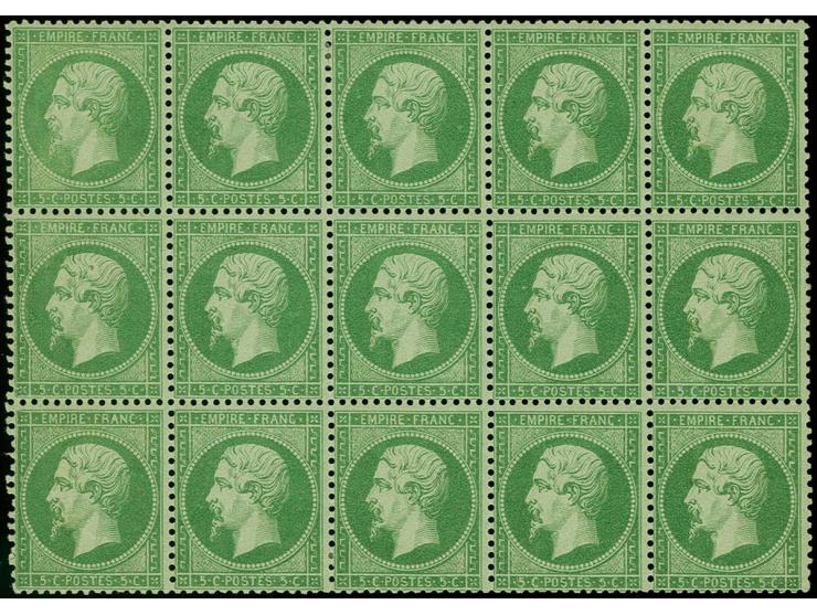 5 c. green, horizontal block of 15, unused with original gum and paper hinge marks/remainders, the central 3 stamps unmounted