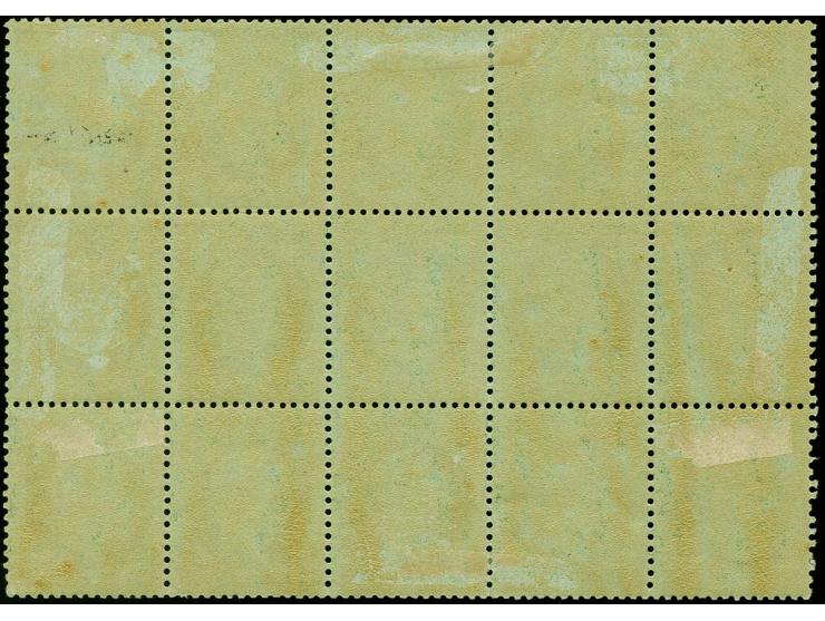 5 c. green, horizontal block of 15, unused with original gum and paper hinge marks/remainders, the central 3 stamps unmounted