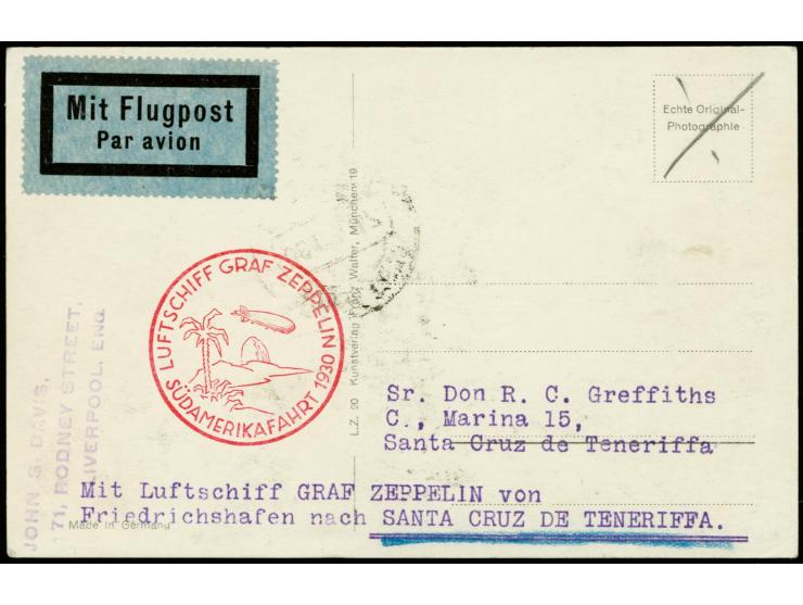 1930, South America Flight to Praia, airmail 3 s. and 50 g. tied by cds. to reverse to picture card to Santa Cruz, fine

19
