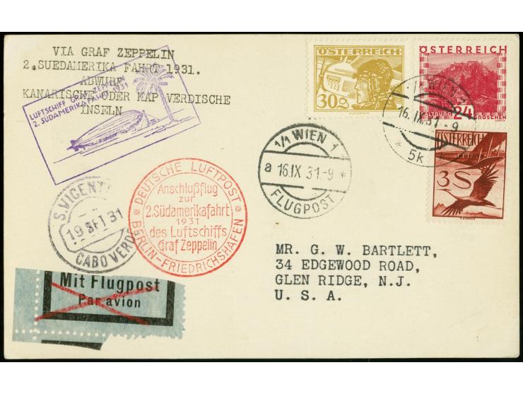 1931, 2nd. South America Flight, Berlin Dispatch to Cap Verde, airmail 3 s. and 30 g and definitive 24 g., tied by cds. "WIEN