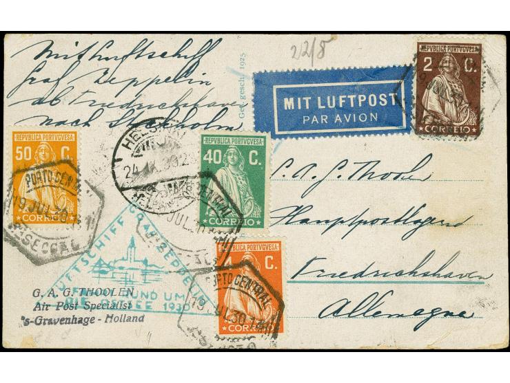 PORTUGAL: 1930, Baltic Sea Flight, Helsinki Drop Mail, Portuguese postage stamps 50 c., 40 c., 4 c. and 2 c., tied by cds. "P