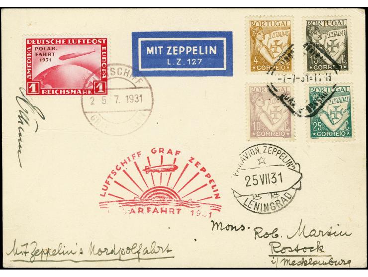 PORTUGAL: 1931, Polarflight till Leningrad, postcard with Portugal 25 c., 15 c., 10 c. and 4 c. tied by cds. "LISBOA 7.7." in